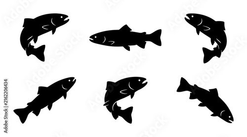 Six Silhouette Trout Vector Icons, Aquatic Wildlife Graphics, Fresh Water Fish Illustrations, Seafood and Fishing Theme Elements