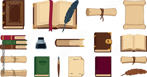 Vintage Literature and Antique Writing Vector Icon Set Featuring Old Books Magic Spell Scrolls Feather Quill Pen Inkwell and Parchment Paper Sheets