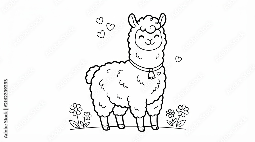 Naklejka premium Cute llama drawing with hearts and flowers for kids coloring page