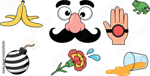 фотографія April Fools Day Funny Prank Icon Set Featuring Disguise Mask Banana Peel Joy Buz