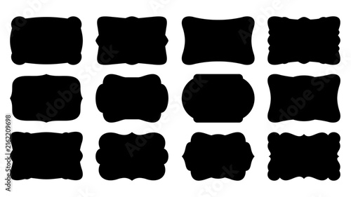 Set of vintage vector frames and labels, decorative border elements for design, collection of black ornate shapes