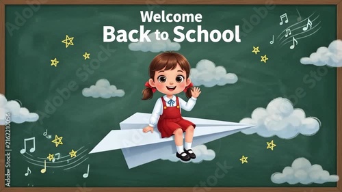 Back to School Cartoon Girl Sitting on Paper Plane Under Bright Sky 4K