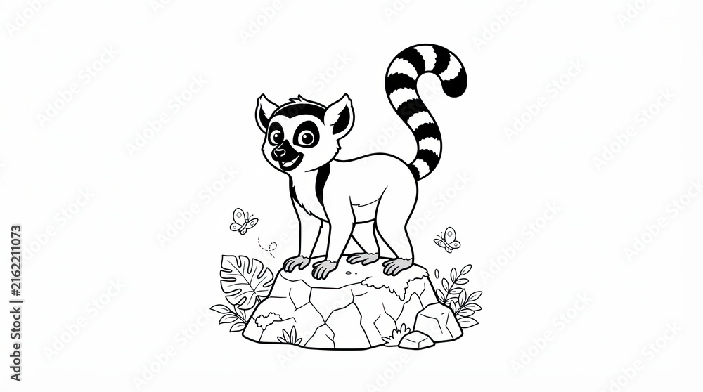 Naklejka premium Cute cartoon lemur standing on a rock drawing for coloring page