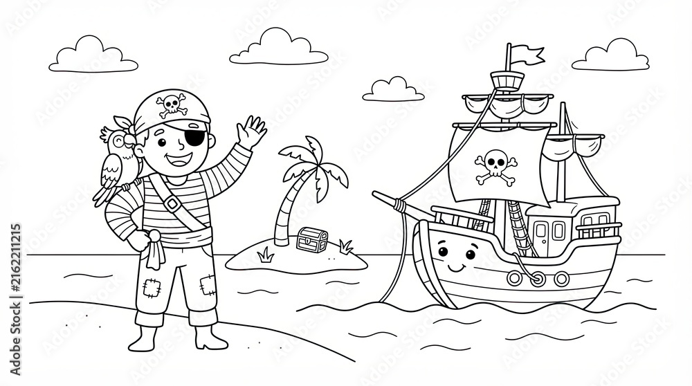 Naklejka premium Cute pirate boy with parrot and ship on a tropical island coloring page