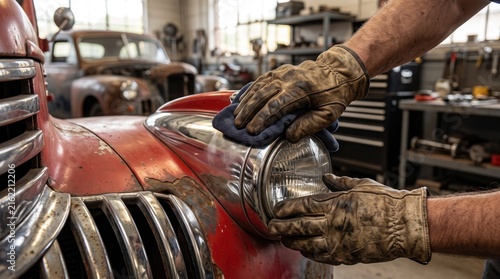 Close up of mechanic hands in leather gloves polishing vintage car headlight with cloth in auto repair shop, classic vehicle restoration and maintenance service concept.