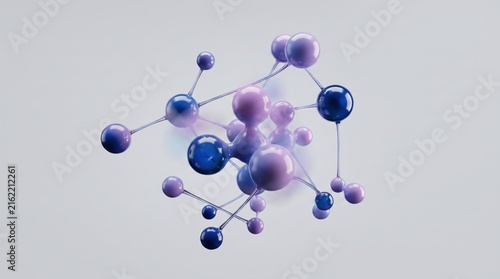 Complex 3D molecular network structure with purple and blue glossy spheres and connecting lines, abstract scientific, technology, innovation, nanotechnology, microscopic view
