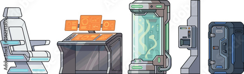 Принти на полотні Futuristic Sci-Fi Laboratory Equipment Set Featuring Spaceship Command Chair Con