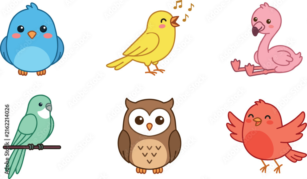 Fototapeta premium Cute Kawaii Bird Character Vector Icon Set Featuring Bluebird, Singing Canary, Flamingo, Parrot, Owl, and Flying Robin for Children Designs