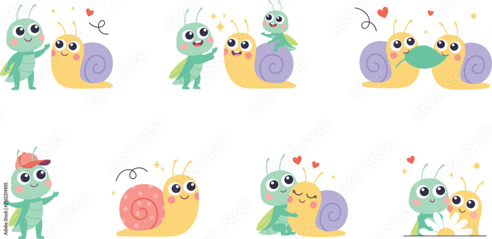 Fototapeta premium Cute Cartoon Snail and Grasshopper Insect Character Set with Friendly Bugs Sharing Leaf Flowers and Hugs for Kids Design Vector