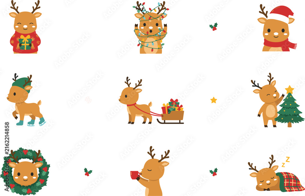 Obraz premium Cute Christmas Reindeer Vector Character Set Featuring Festive Holiday Activities with Santa Hat, Sled Full of Gifts, Christmas Tree, and Winter Lights Decoration Designs