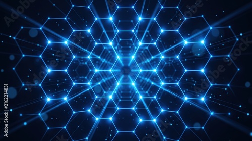 Futuristic blue hexagonal network tunnel, glowing digital data connection, abstract technology with light rays and particles for cyber security or AI visualization