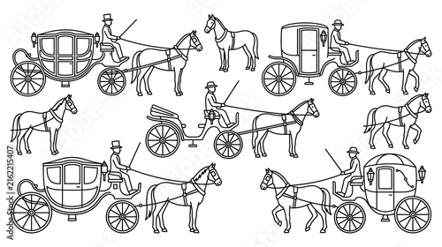 Obraz na plátně Horse drawn carriages with driver and riders in detailed black outline vector graphics