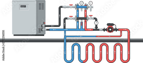 Foto Underfloor Heating System Diagram Vector Illustration with Water Boiler Heat Pum