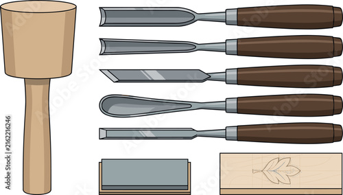 Foto Wood Carving Tool Set Vector Illustration with Chisels Gouges Wooden Mallet Shar