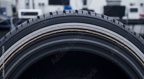 Detailed close-up view of a car tire's inner construction and tread pattern