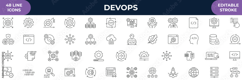 Fototapeta premium DevOps icon set. Containing automation, deployment, agile workflows, software development, and etc. Outline Icon Collection. Editable stroke With Vector illustration