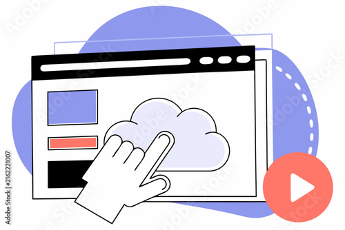 Hand cursor clicks cloud icon for digital data storage and online backup concept