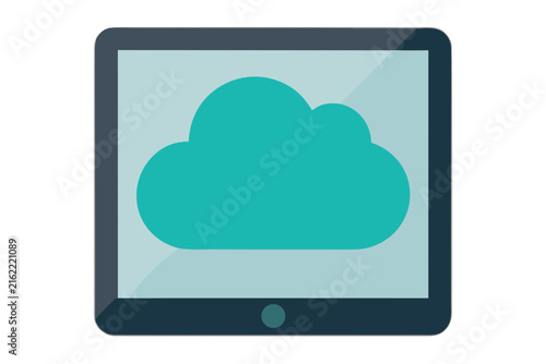 Modern tablet displaying minimalist cloud icon on turquoise gradient background for digital technology concept