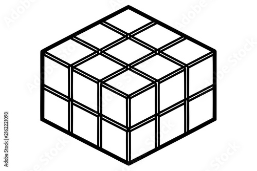 3D black wireframe geometric cube puzzle with intersecting lines and empty transparent faces
