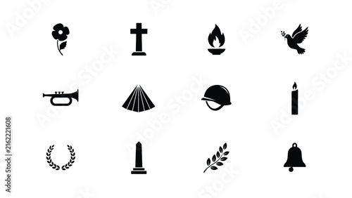 Obraz na plátně Minimalist black symbolic icons set with remembrance honor commemoration evoking