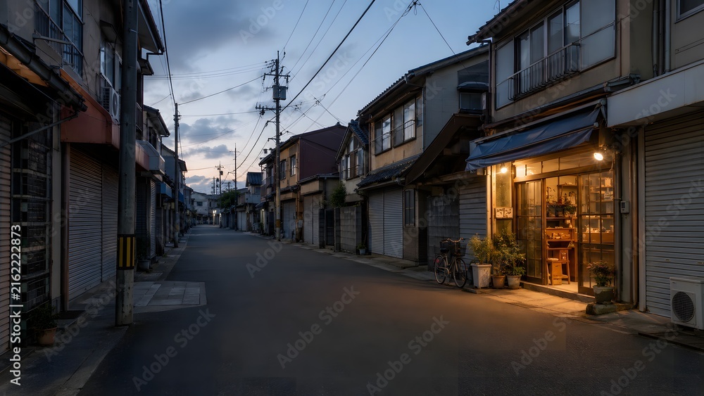 Fototapeta premium quiet old shopping street with warm shop lights at dusk in japan