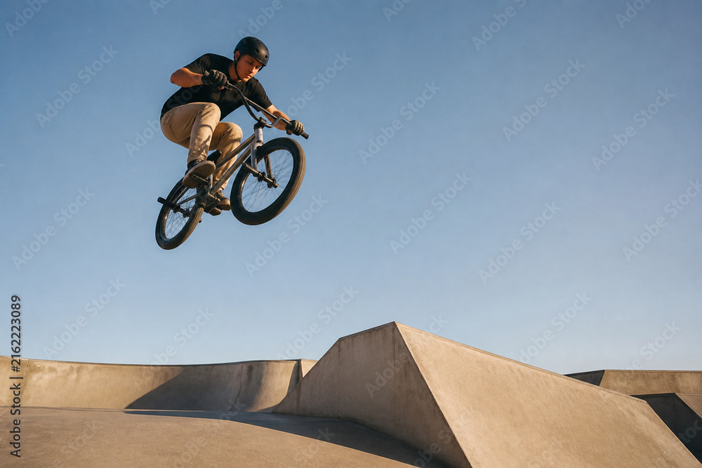 Fototapeta premium A BMX rider performs a high jump at a sunny skatepark, mid air above concrete ramps. Dynamic action captures pursuit of balance and fearless outdoor adventure.
