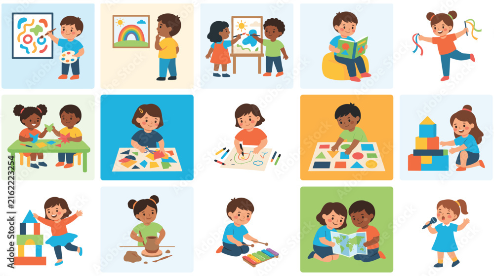 Fototapeta premium Kids engage in diverse educational activities like painting reading and blocks.