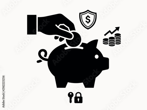 A black silhouette depicts a hand depositing a coin into a piggy bank with financial growth symbols saving deposit finance
