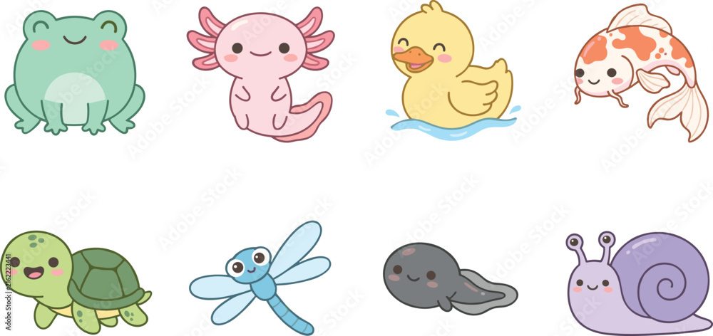 Fototapeta premium Cute Kawaii Pond Animal Icon Set with Frog Axolotl Turtle Goldfish and Baby Wildlife