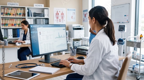 Female doctor working on computer in clinic analyzing medical records and patient data, healthcare professional using digital technology in hospital environment