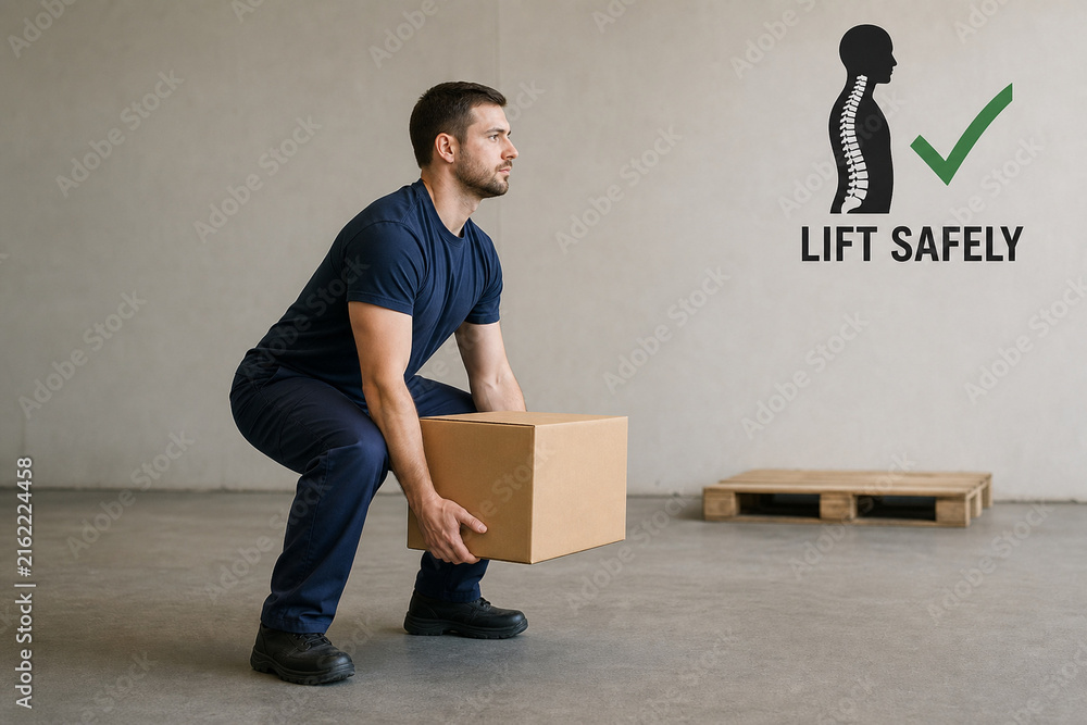 Naklejka premium Man lifting a box correctly with bent knees and straight back. Educational concept for safe lifting technique, workplace safety, and ergonomics. Studio shot with a wooden pallet.
