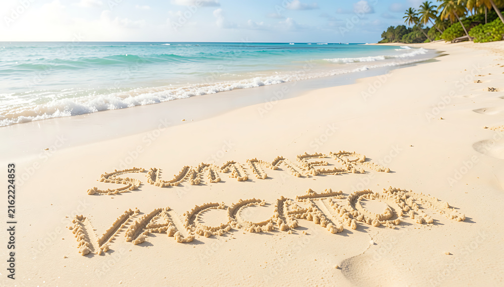 Fototapeta premium Summer vacation message written in sand on tropical beach with ocean waves PNG, 4K, HD Image