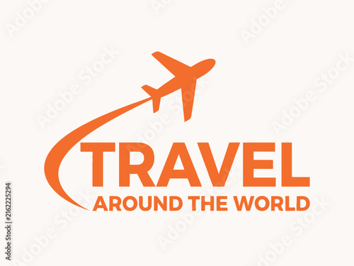 Bild auf Leinwand Orange airplane silhouette flies above the word travel a vector illustration for