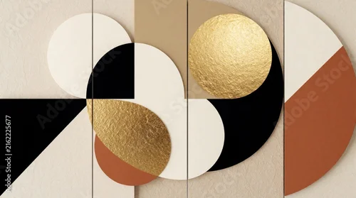 Panel kuchenny z motywem Minimalist geometric triptych wall art with abstract shapes. Beige, black, terracotta, gold circles with triangles create modern decor. Layered paper cut style design features metallic texture for