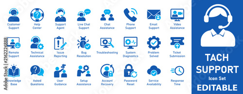 Tech support icon set. Includes symbols for Help Center, Support Agent, Live Chat, and Bug Resolution. Solid vector icons for customer service apps and IT helpdesk.