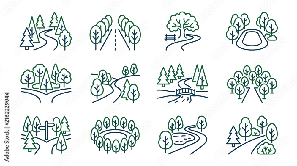 Fototapeta premium Nature Path Icons Forest Park Road River Bridge Bench Signpost Vector Set