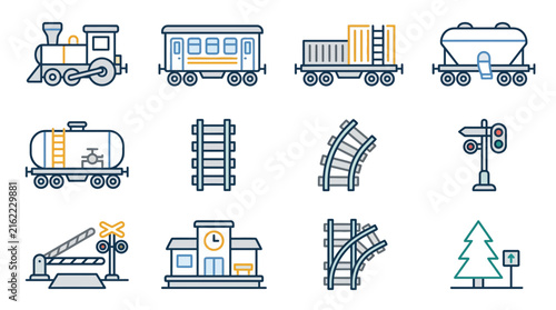 Set of train icons including locomotive carriages tank cars railway station signal and crossing isolated on transparent background