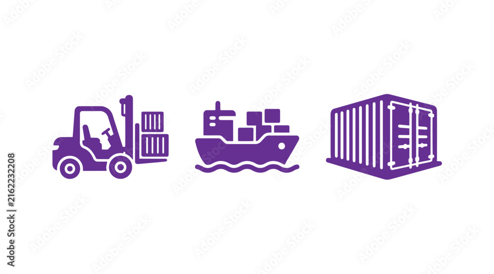 Fototapeta premium Logistics operations icon set featuring a forklift with pallets a cargo ship a shipping container forklift container logistics shipping transport delivery warehouse