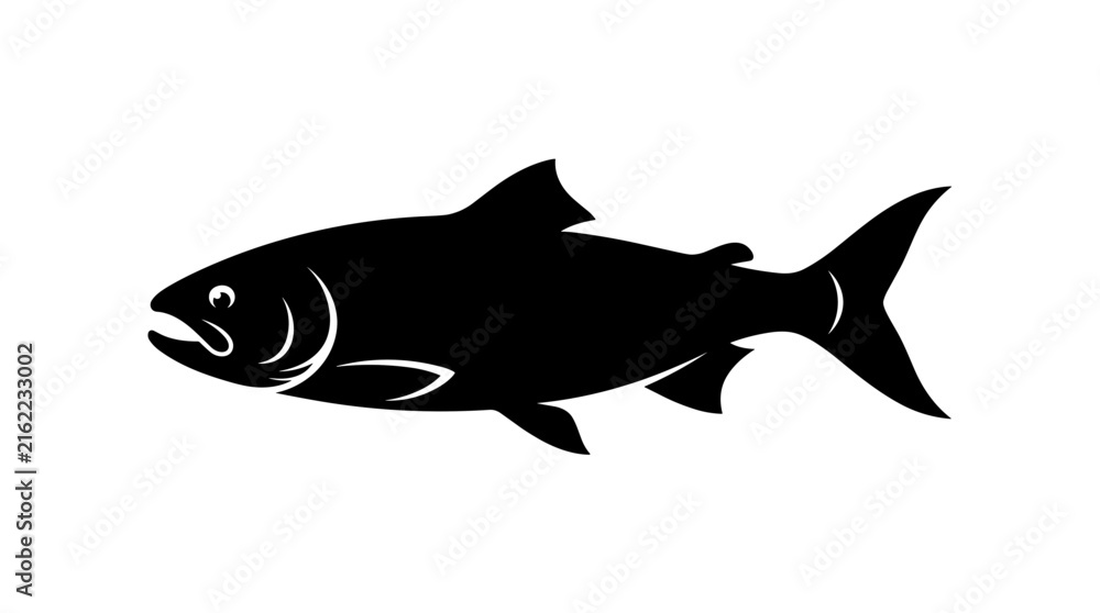 Obraz premium Salmon fish silhouette flat vector icon black seafood animal design