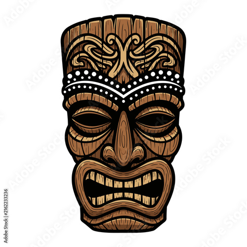 Traditional Hawaiian Tiki Mask Carved Wooden Art.