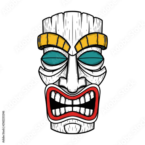 Traditional Tiki Mask with Intricate Carvings and Vibrant Colors.