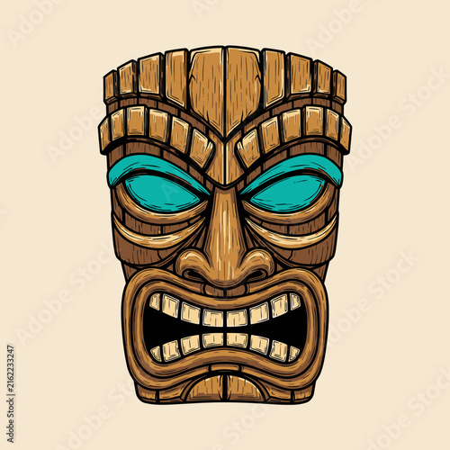 Traditional Polynesian Tiki mask with fierce expression and vibrant blue eyes.