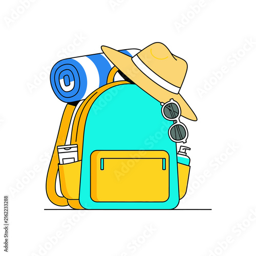 Travel backpack with beach essentials ready for summer vacation.