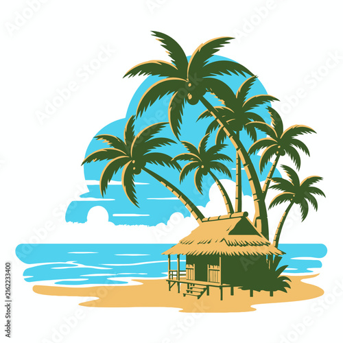 Tropical Beach Hut Surrounded by Palm Trees and Ocean.