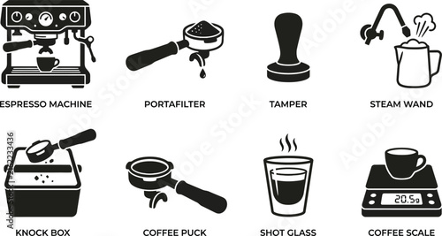Foto Coffee equipment silhouettes on a white background