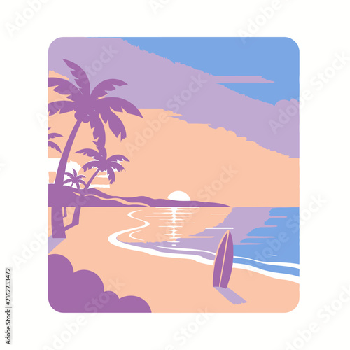 Tropical beach scene with palm trees and surfboard at sunset.