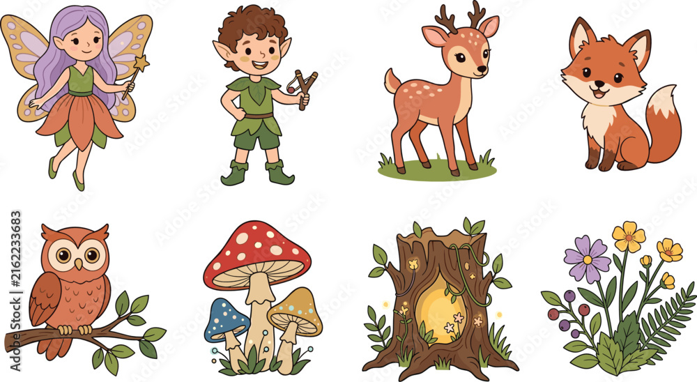 Obraz premium Cute fantasy forest character collection with fairy elf deer fox owl mushrooms and magical nature elements
