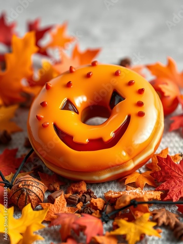 Donut with jack-o-lantern face and festive autumn colors, fall, autumn