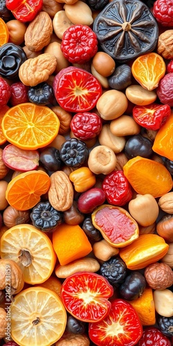Dried fruits and nuts arranged in a colorful medley, natural, mixed nuts