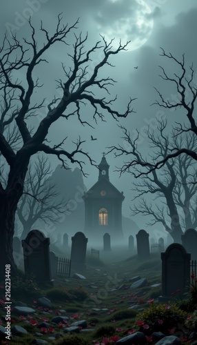 Dark misty graveyard with old tombstones and twisted dead trees on halloween